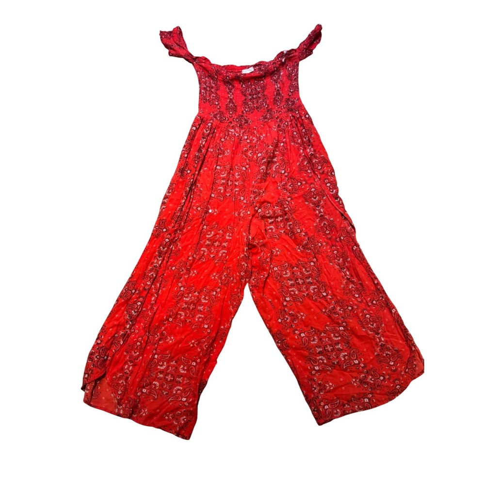 Rebellion One Red Paisley Wide Leg Jumpsuit XL Boho Festival Smocked Romper - Picture 8 of 12